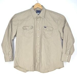 Wrangler Camp Shirt Mens XXL Tan Long Sleeve Pearl Snap Cowboy Work Western Gorp